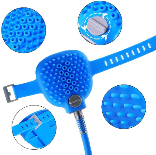 Blue silicone hand scrubber on a person's hand with a white background