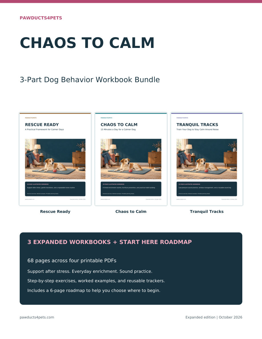 Chaos to Calm 3-Part Dog Behavior Workbook Bundle. Three expanded illustrated workbooks plus a Start Here roadmap, 68 pages across four printable PDFs.
