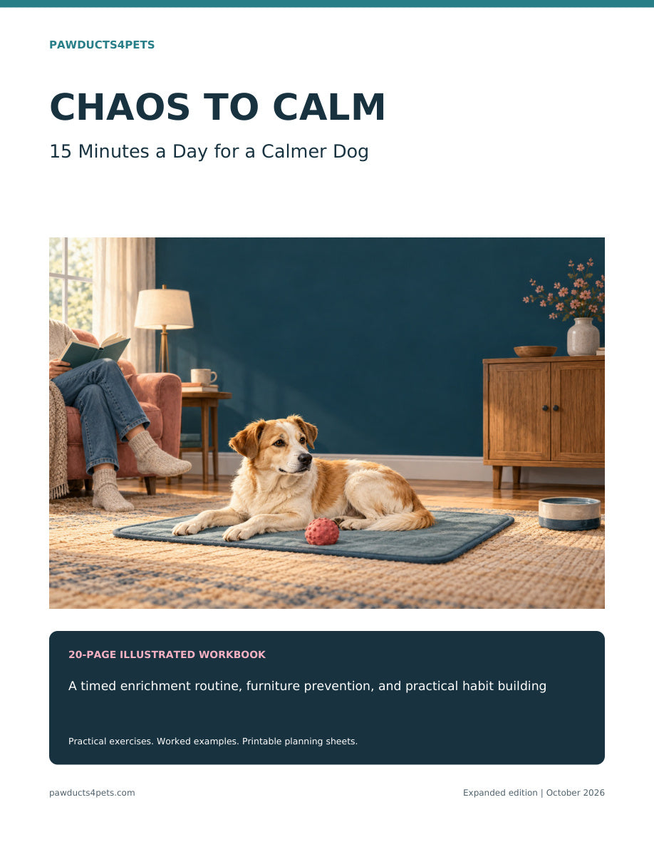 The Chaos to Calm Guide | 15 Minutes a Day for a Calmer Dog. Expanded illustrated 20-page workbook by Pawducts4Pets, with practical exercises, worked examples, and printable planning sheets.