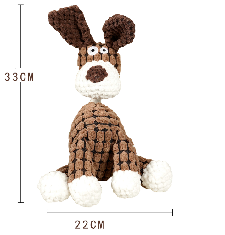 Brown and white knitted dog toy with measurements on a white background