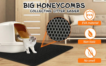 Cat litter box with honeycomb design on a mat, showing EVA material, non-toxic, and no smell features.