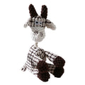 Knitted giraffe toy with brown spots and horns on a white background