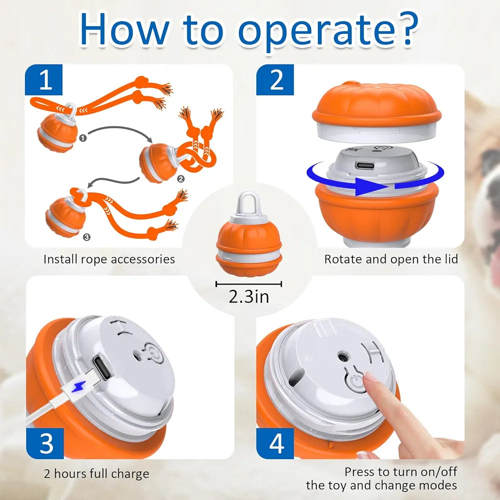 Instructions on how to operate an orange and white toy with rope accessories.