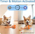 Dog toy with timer and motion activation features, showing a dog interacting with it.