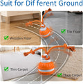 Orange cleaning tool demonstrating compatibility with different flooring types on a split-screen background.