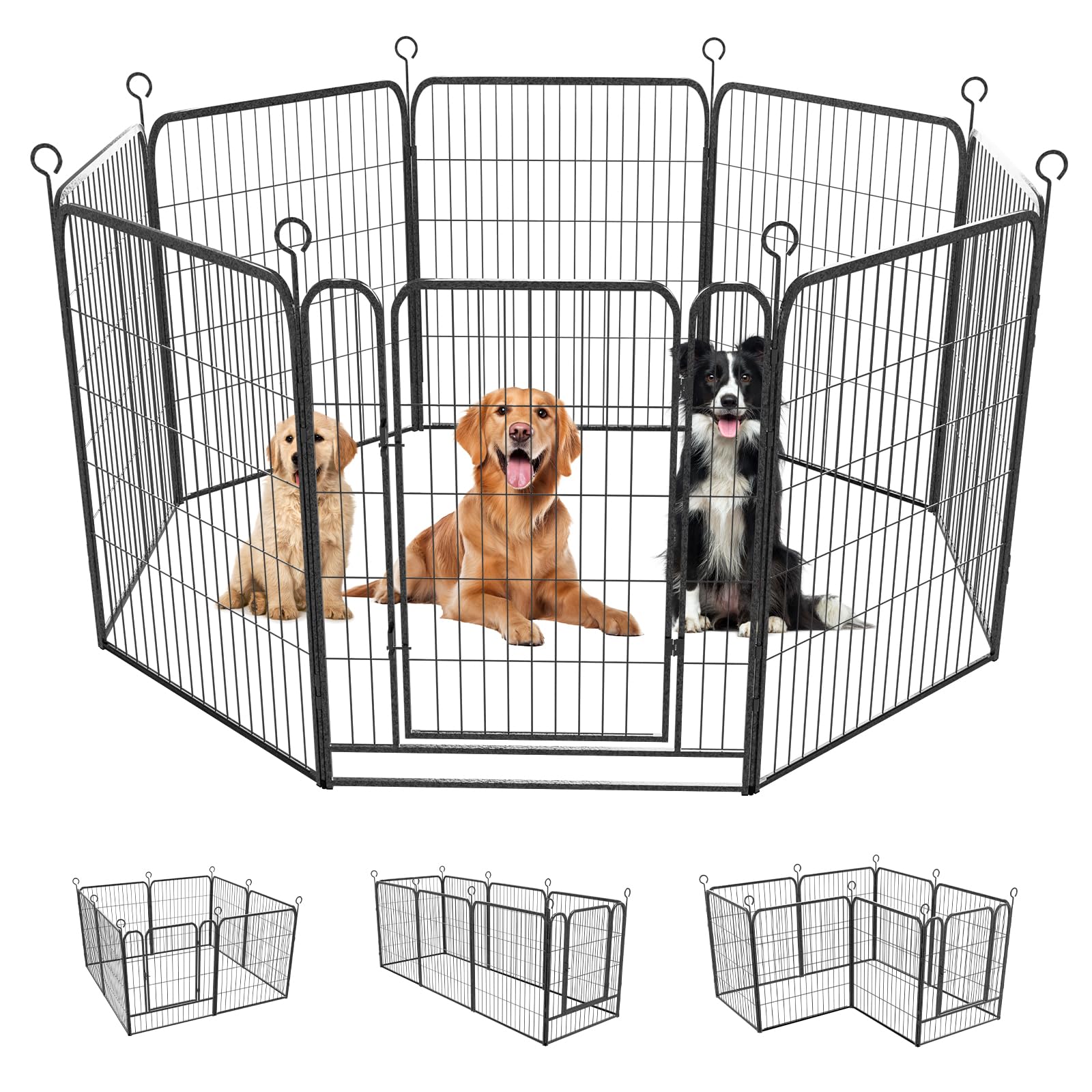 Pet playpen with three dogs inside on a white background