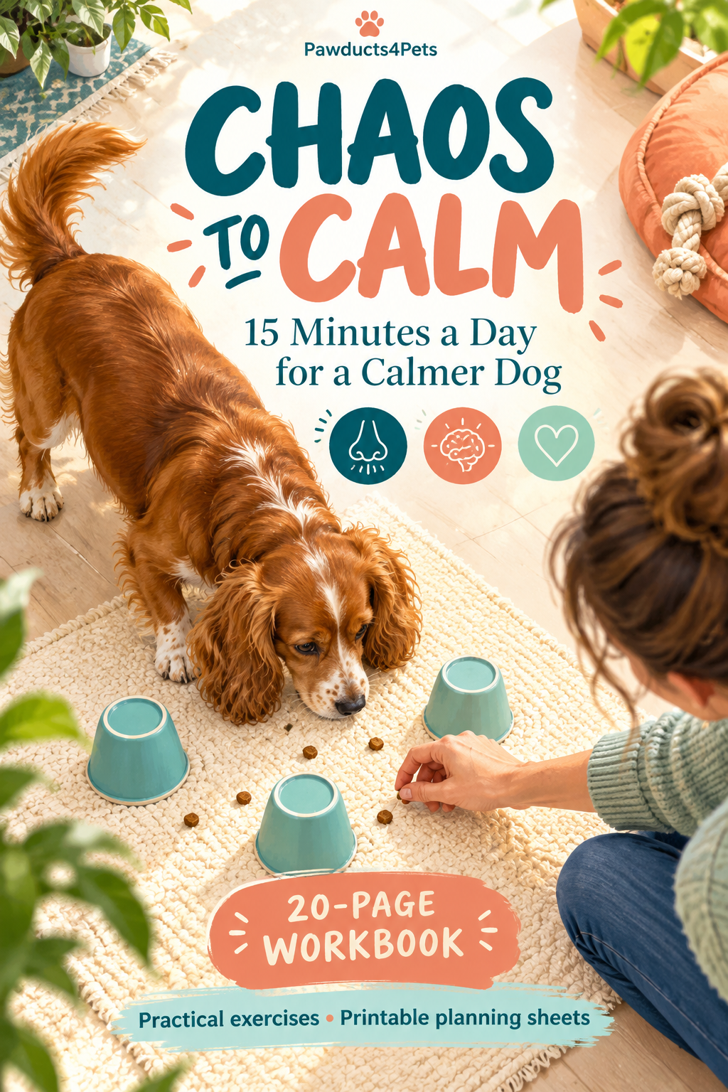 The Chaos to Calm Guide | 15 Minutes a Day for a Calmer Dog illustrated digital workbook cover.