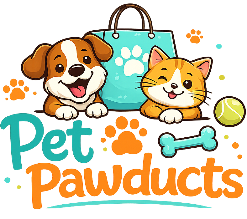 Logo for Pet Pawducts featuring a dog, cat, shopping bag, and pet toys on a white background.