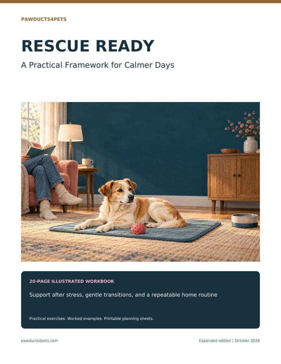 The Rescue Ready Framework | Help Your Dog Go from Anxious to Calm. Expanded illustrated 20-page workbook by Pawducts4Pets, with practical exercises, worked examples, and printable planning sheets.