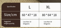Size chart comparing L and XL specifications for a product with dimensions and weight/quantity suggestions.
