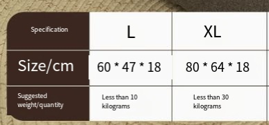 Size chart comparing L and XL specifications for a product with dimensions and weight/quantity suggestions.