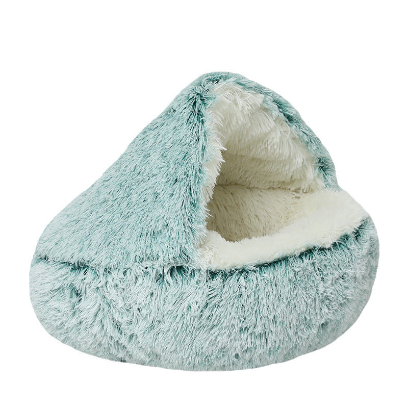 Fluffy pet bed with a soft interior on a white background