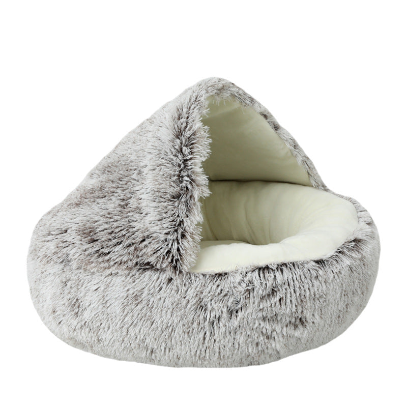 Fluffy pet bed with a textured exterior on a white background