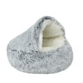 Fluffy gray pet bed with white interior on a white background