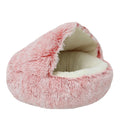 Pink plush pet bed on a white background with text overlay