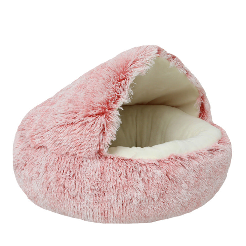 Pink plush pet bed on a white background with text overlay