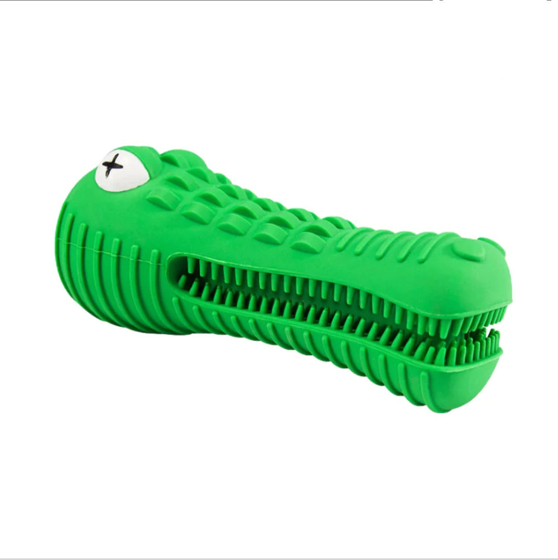 Green dog toy shaped like a lizard on a white background