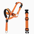 Orange dog harness with black straps on a white background