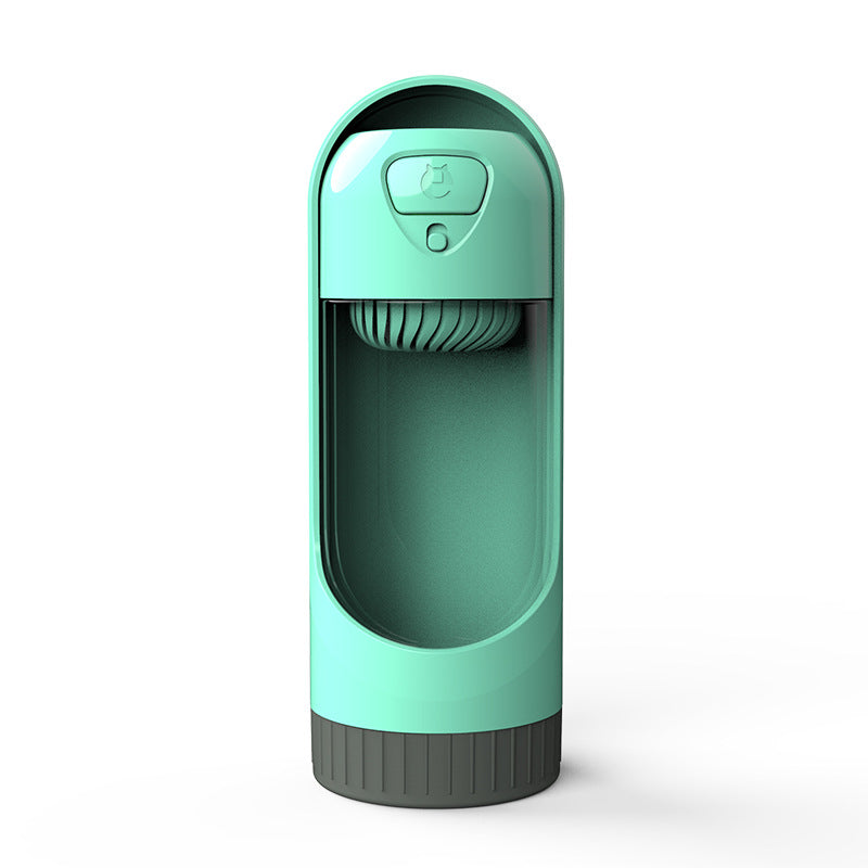 Turquoise pet water bottle with black base on a white background