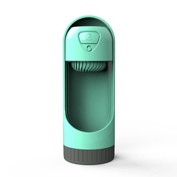 Turquoise pet water bottle with black base on a white background