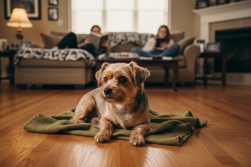 Small restless dog in cozy home still uncomfortable